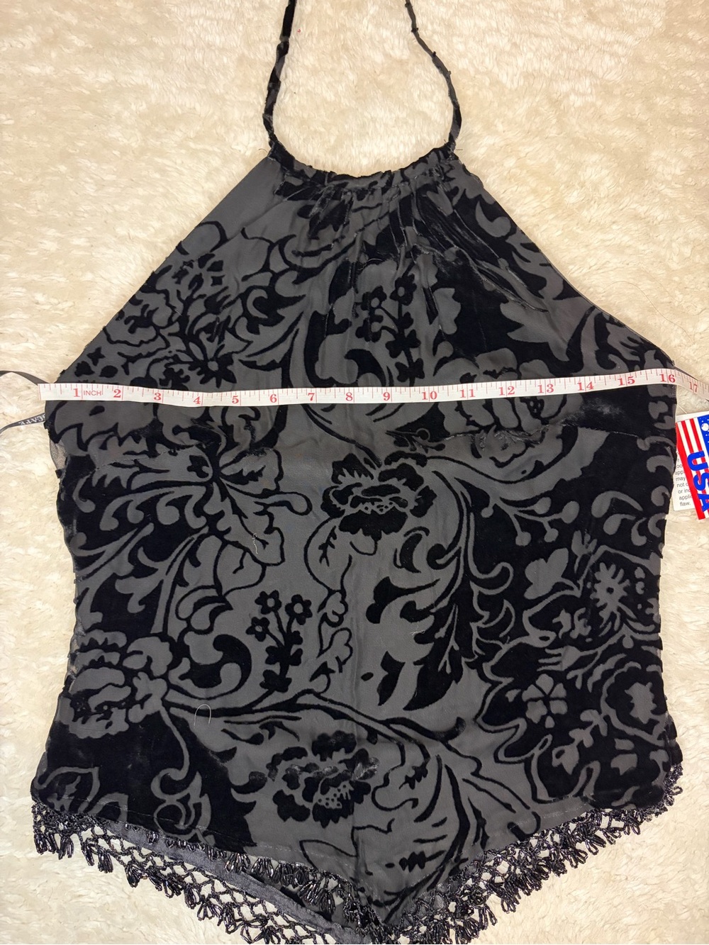 Vintage black velvet burnout tie halter top beaded trim open back deadstock - Picture 10 of 12